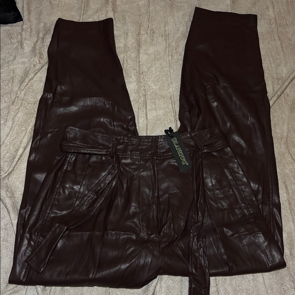 Blank NYC Women's Belted Brown Faux Leather Pants